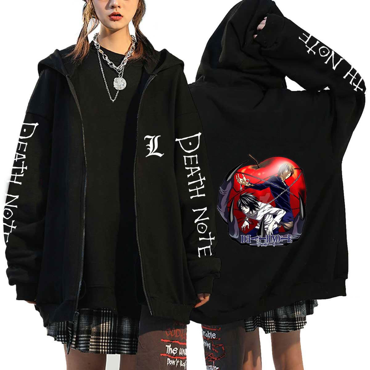 Death Note Harajuku Anime Reißverschluss Mäntel Hoodies Herren Jacken Lässige Lose Kapuze Reißverschluss Manga L Lawliet Print Tops Sweatshirt Unisex Paar Streetwear XL schwarz