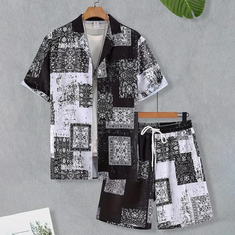 Neuer Herren Sommerurlaub Anzug Retro Texturiert Bedruckter Rand Hemd Kurzarm Shorts Zweiteilig Herren Atmungsaktiv Pool Anzug 3XL