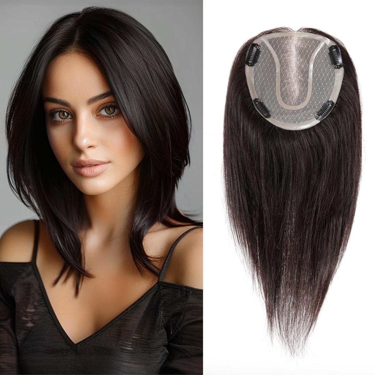 HAIRCUBE Hellblonde 14-Zoll-Echthaar-Topper mit dunklen Wurzeln für Frauen, 4 Clips, Stücke mit dünner werdendem Haar in Mono-Spitzen-Basis-Toppern brown