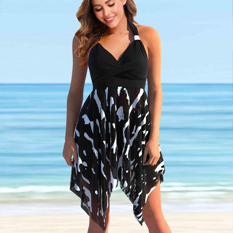 Damen Badeanzug mit hängendem Hals und grünem Waldblumen-Print, Bikini, Tankini-Badeanzug 5XL schwarz
