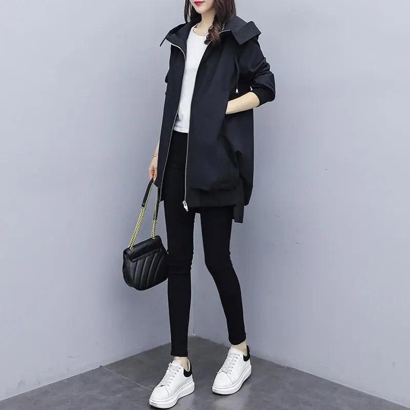 Lässiger Windbreaker mit Kapuze, Frühling und Herbst, koreanische Version mit Futter, lockerer, warmer Mantel, langer, eleganter Mantel für Damen S schwarz
