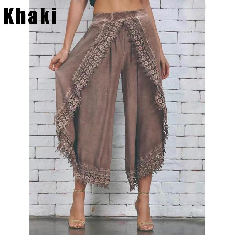 Sommer Neue Mode frauen Spitze Harem Hosen Lose Beiläufige Damen Hosen Einfarbig Dünne Breite bein Hosen Frauen plus Größe S khaki