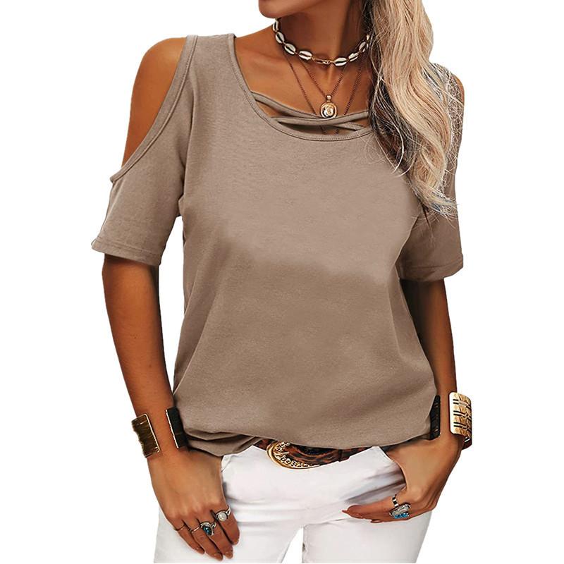 JKASHDK Damenmode, lässig, Sommer, Frühling, einfarbig, bedruckt, kurzärmelig, O-Ausschnitt, Blusen & Hemden M khaki
