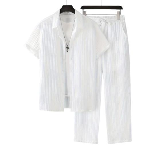 2-teiliges/Set Herren Freizeitoutfit Revers Kurzarm Einreiherhemd Elastische Taille XL weiß