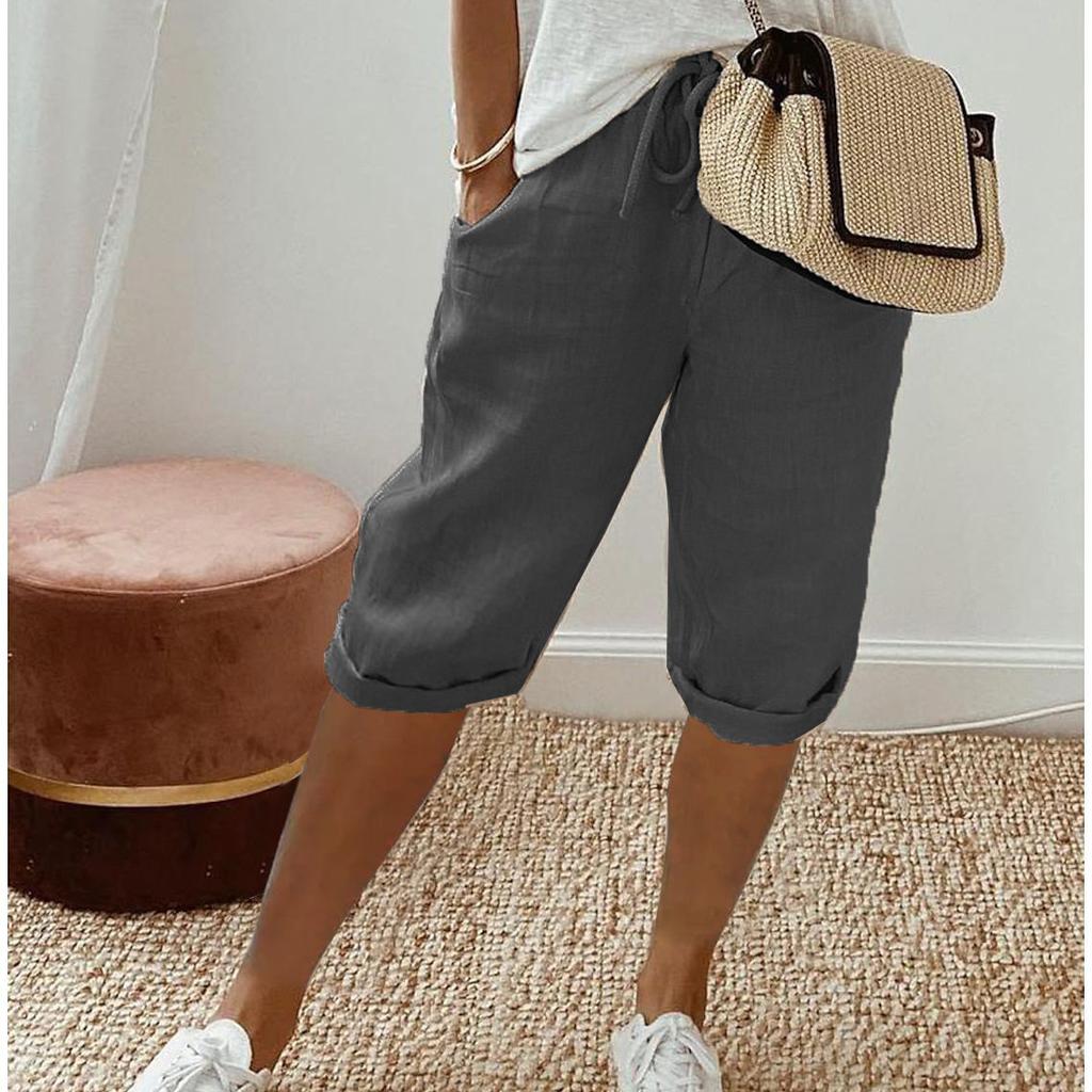 Damen-Shorts im Vintage-Stil, knielange Hose mit Taschen für Damen, atmungsaktive Hose mit elastischer Taille, einfarbig, fünf Hosen L dunkelgrau