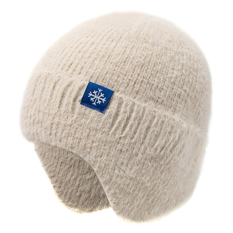 Neue Frauen Candy Farben Earflap Winter Hut Mode Faux Pelz Gestrickte Hut Kpop Stil Weichen Beanie Hüte Weibliche Streetwear Kappe 54cm-58cm beige