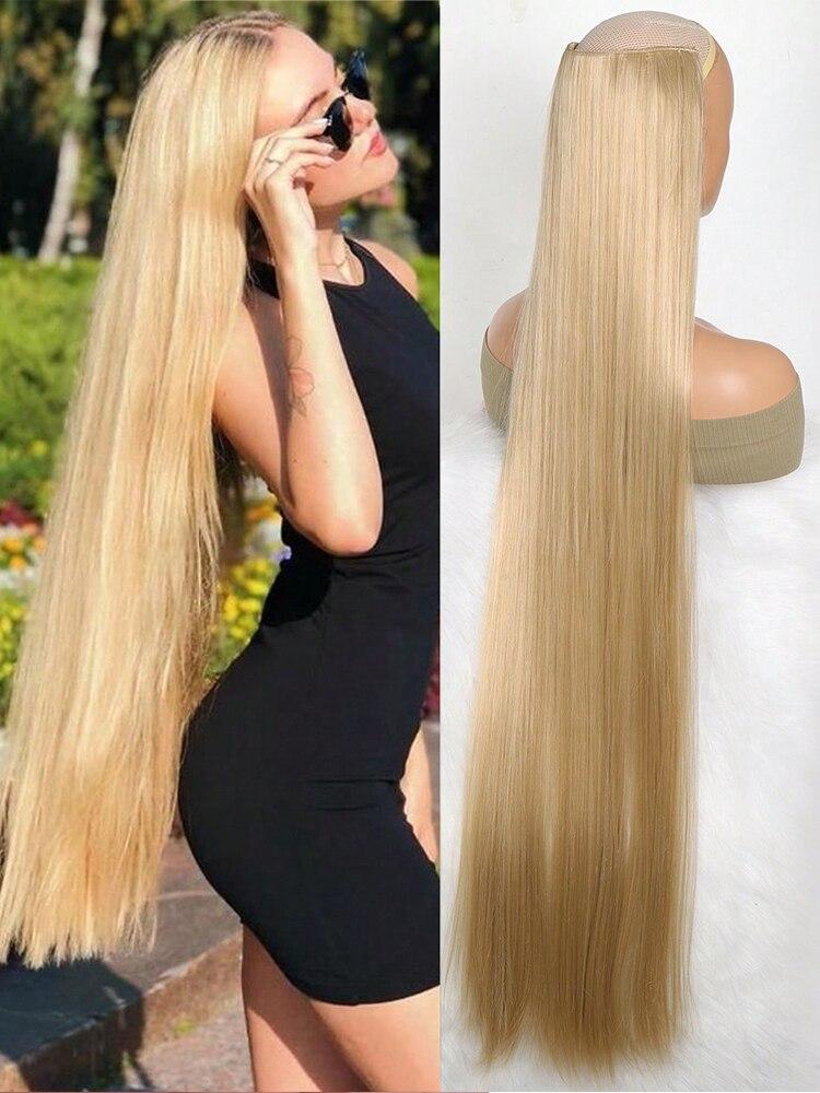 Aosiwig Kunsthaar, superlang, gerade, 100 cm, 5 Clip-In-Haarverlängerung, natürliches Haar, Schwarzblond, künstliches Kunsthaarteil für Frauen 20inches-50cm
