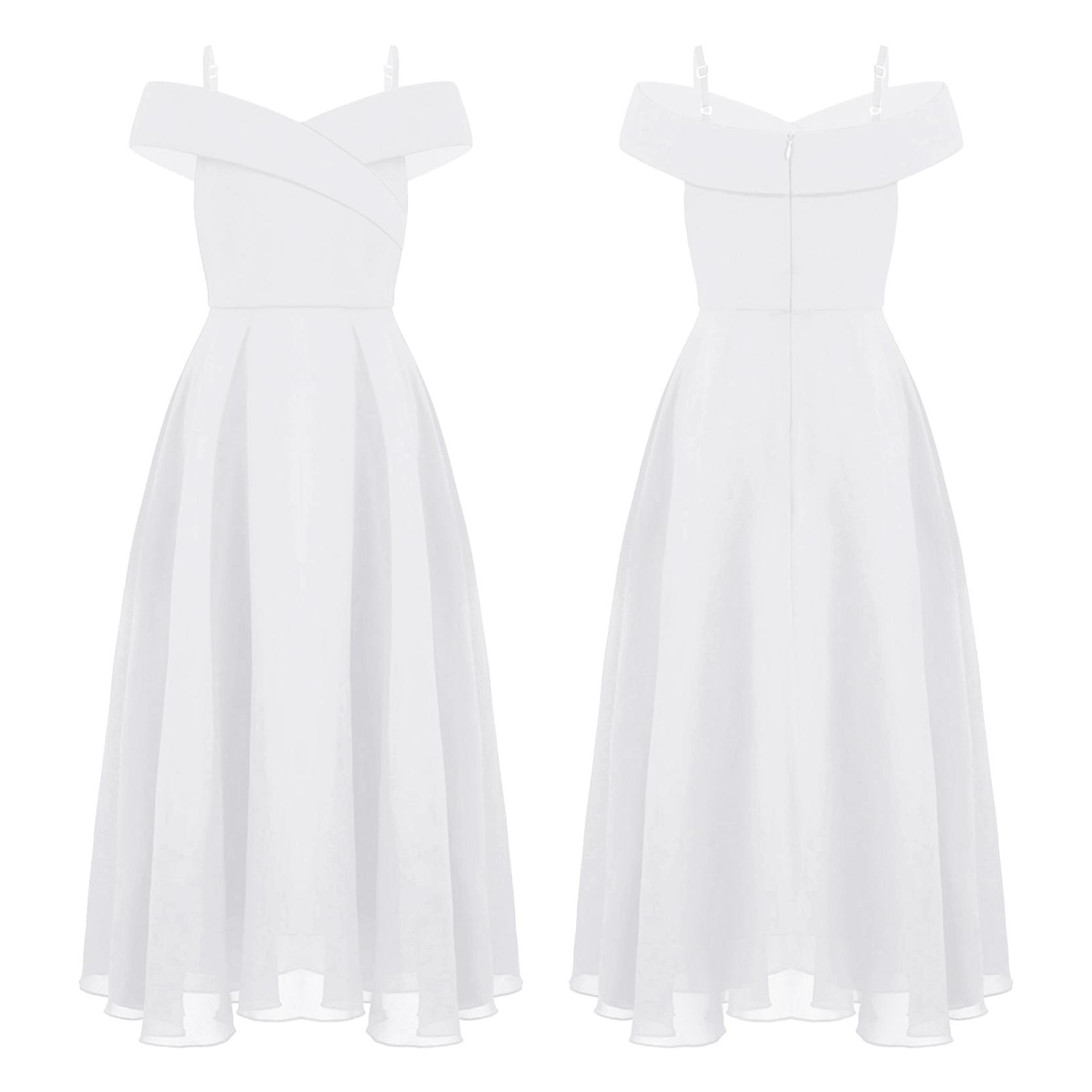 Festliche Mädchen- und Kinderkleider, langes Blumenmädchenkleid, Chiffon, Sommer-Partykleid, Brautjungfer, Hochzeit, Festzug, Ballkleid 13-14 Years weiß