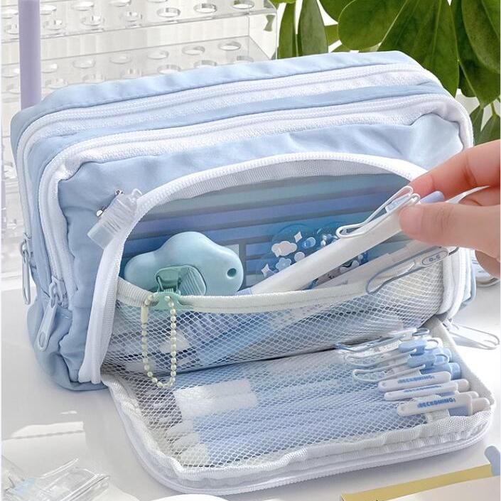 Ästhetische Bleistifttasche mit großer Kapazität für Mädchen, Schultasche, Stifthalter, süßes Briefpapier, einfacher Stil, Reißverschluss, Bleistifttasche, Schulbedarf himmelblaue