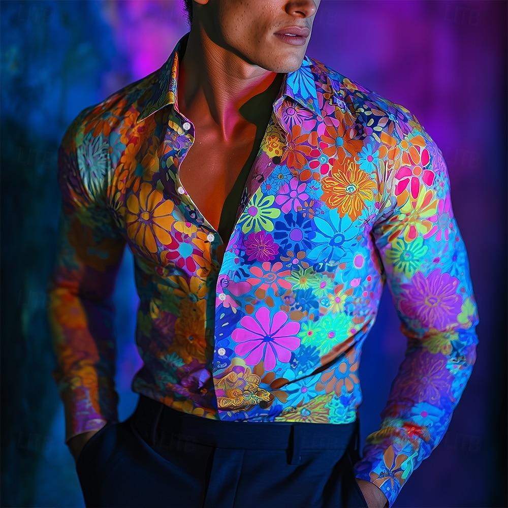 Herren Hemd mit Blumendruck Neonblumen Hemd Freizeit Hemd Langarm Streetwear Umlegekragen 3D Druck Hemd mit Kragen 5XL blue