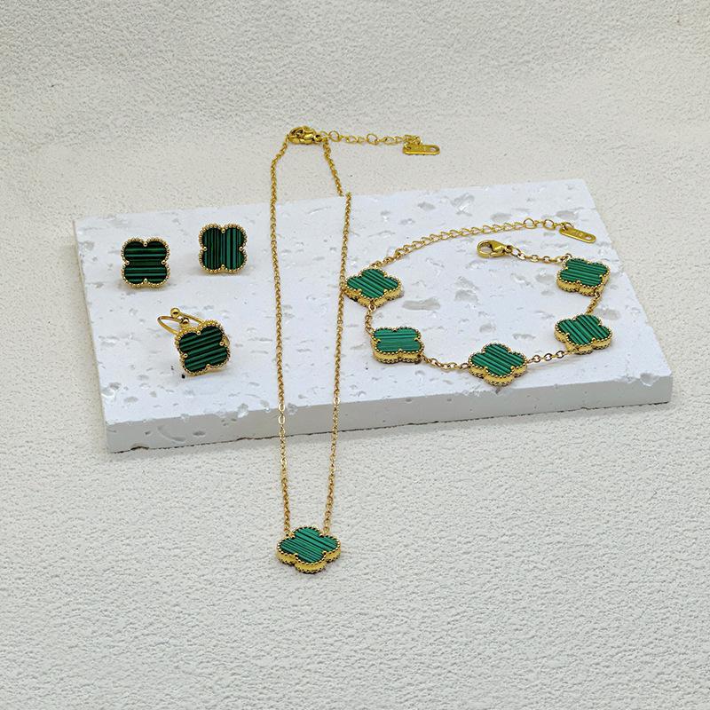 4-teiliges Kleeblatt-Armband, Halskette, Ohrringe, Ring, vierteiliges Set, modisches Schmuckgeschenk 4PCS grün