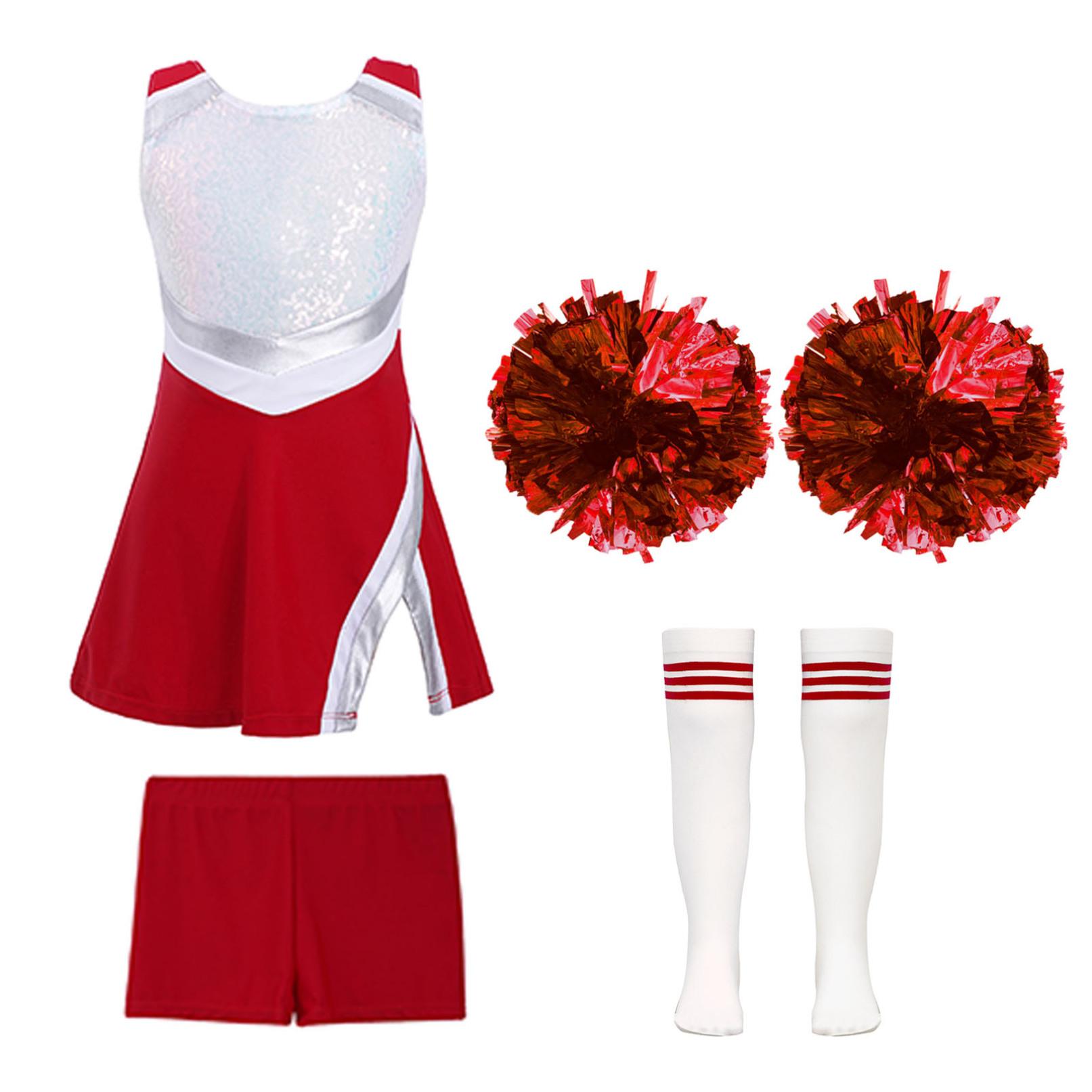 Glänzendes Cheerleading-Kostüm für Kinder, Mädchen, Schulmädchen-Tanzkleid, Uniform, komplettes Outfit mit Pompons für die Halloween-Party 3-4 Years rot
