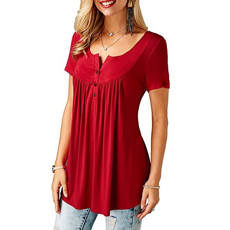 Frauen O Neck Button Lose Elastische Tops Damen Kurzarm Tunika Shirts Weibliche Casual Blusen M rot