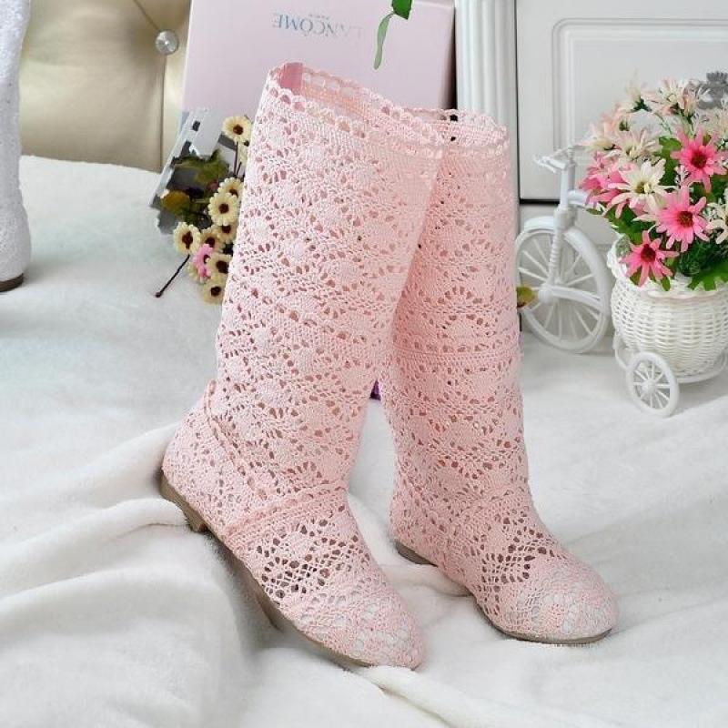 2025 neue Frühling Spitze hohl Martin Stiefel Einzelstiefel flache hohe Stiefel Netzstiefel coole Stiefel Lochschuhe Damenstiefel 35 rosa