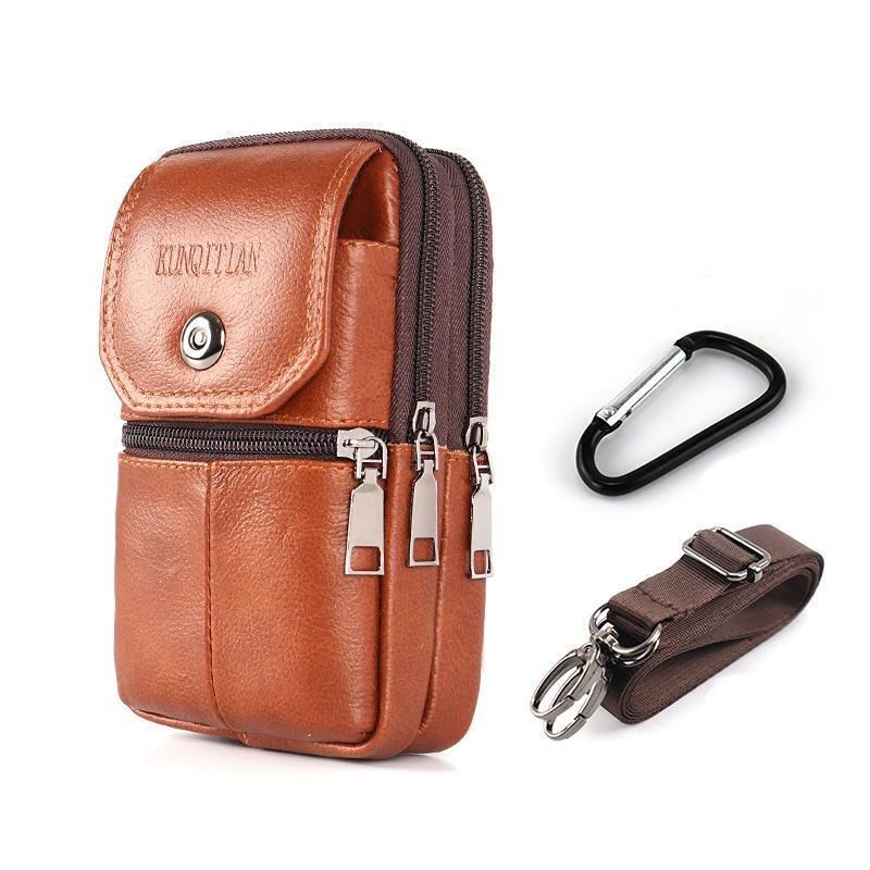 Herren Rindsleder Handytasche Multifunktionale Messenger Bag Outdoor Baustelle Tragen Gürtel Handytasche Wasserdichte Brusttasche Large hellbraune