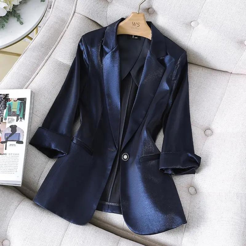 Acetat Anzug Jacke frauen Dreiviertel Ärmel Casual Frühling und Herbst Anzug Kurz Dünn S blau
