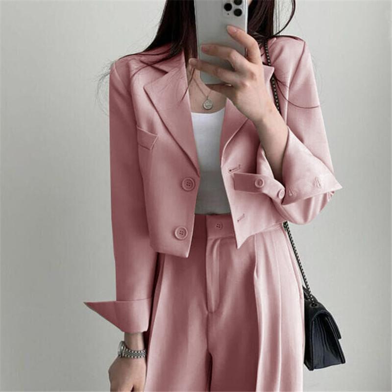 Damen Business Arbeits Blazer Set Langarm Cropped Blazer Bleistifthose Anzug Bürodame Zweiteiliges Set Trainingsanzüge Lässige Outfits XXL rosa
