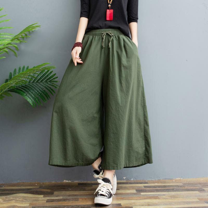 Damen Sommer Dünnschliff Baumwolle Leinen Rock Hose Reine Farbe Locker Drapiert Lässig Acht Punkte Hose 3XL dunkelgrüne