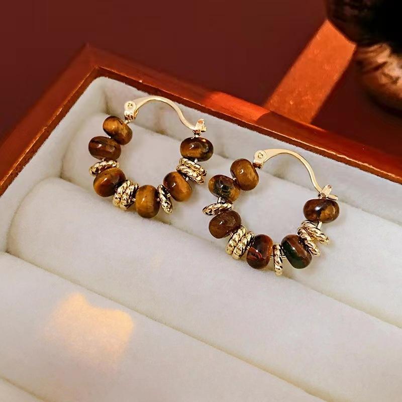 Retro Runde Tigerauge Stein Perlen Creolen für Frauen Gold Farbe U-förmige Ohrringe Persönlichkeit Schmuck Geschenk gold