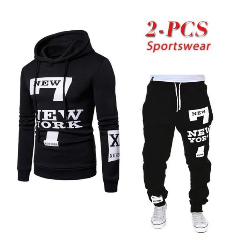 Frühling Herbst Mode Langarm Hoodies + Hosen männer Casual Brief Drucken Set Pullover Anzug Sport Anzüge M schwarz