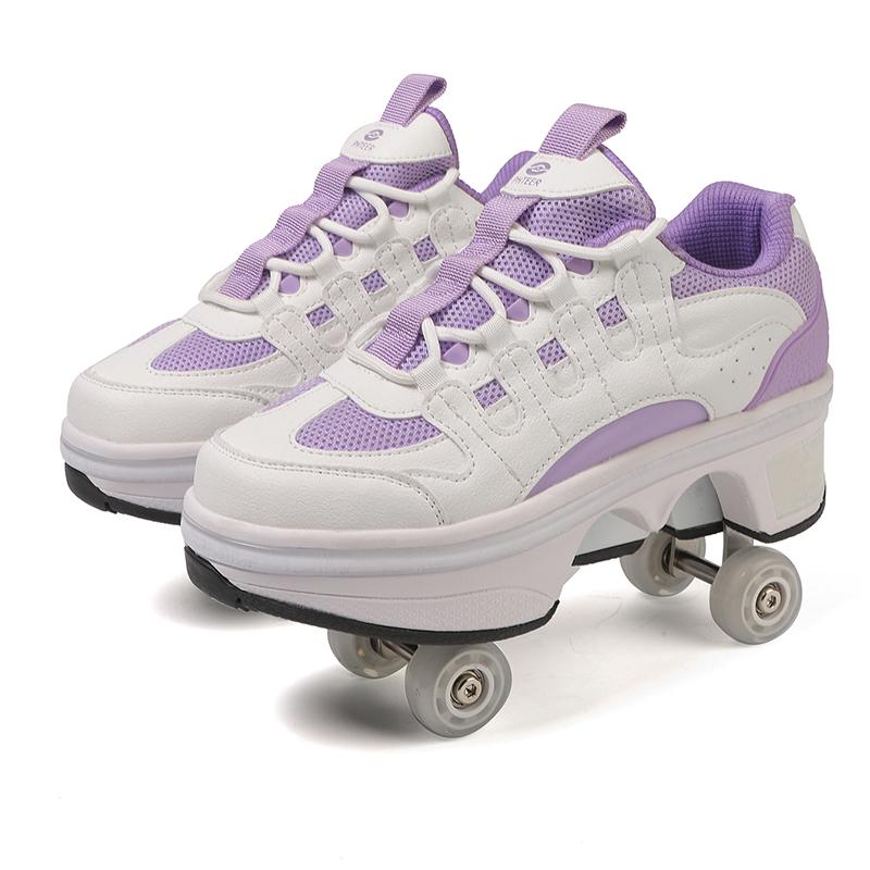 Rollen-Sneaker mit Doppelrädern, für Jungen und Mädchen, Rollschuhe, Rollschuhe, Verformungsschuhe, Rollschuhschuhe 33 violett/weiß