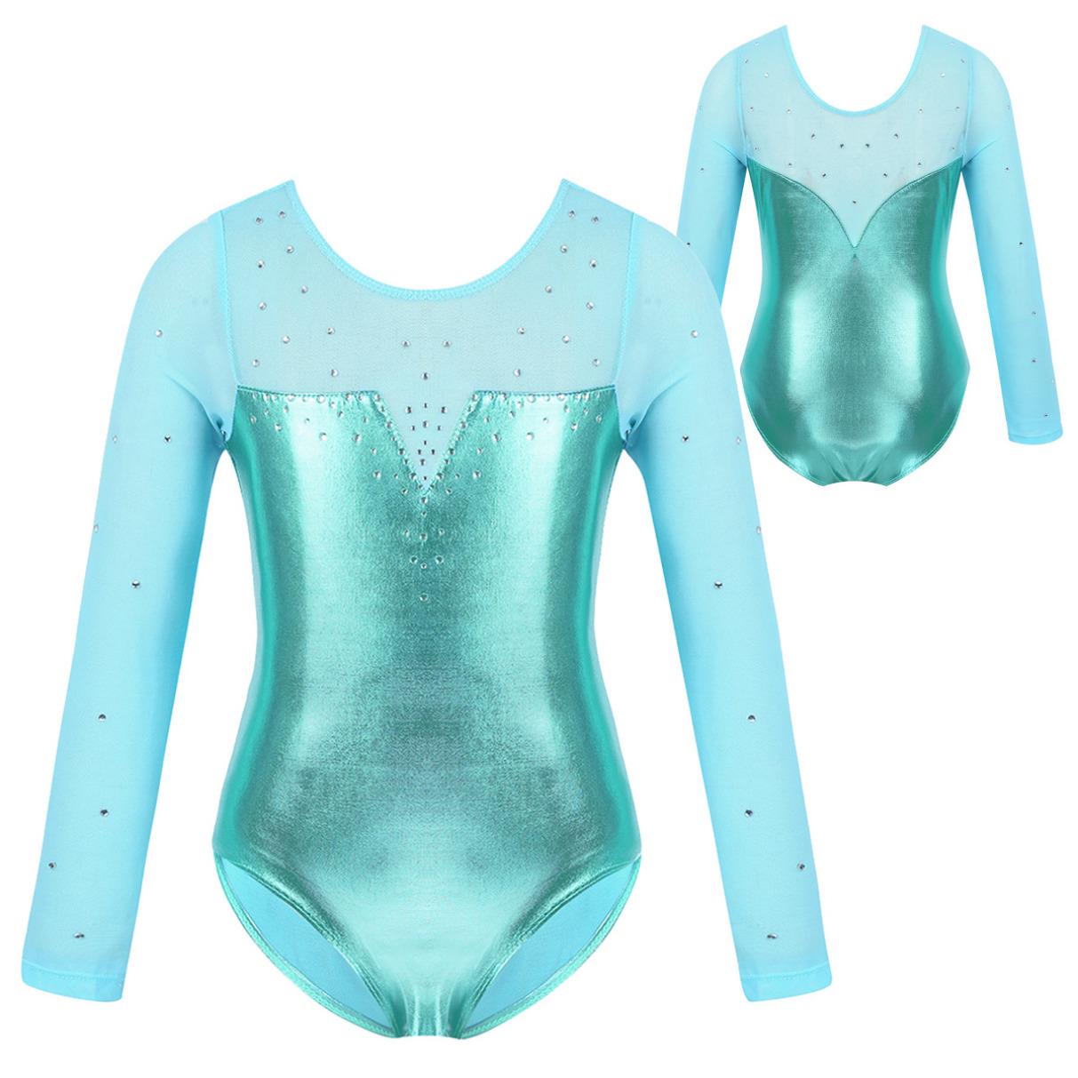Gymnastik-Trikot für Mädchen und Kinder, Netzstoff, langärmelig, glitzernde Strass-Metallic-Ballett-Tanz-Trikot 7-8 Years grün