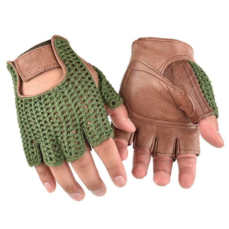 1 Paar Herren Wolle Leder Handschuhe Halbfinger Fitness Fäustlinge Radsport Outdoor Handschuhe für Outdoor Radsport und Fitness grün/braun