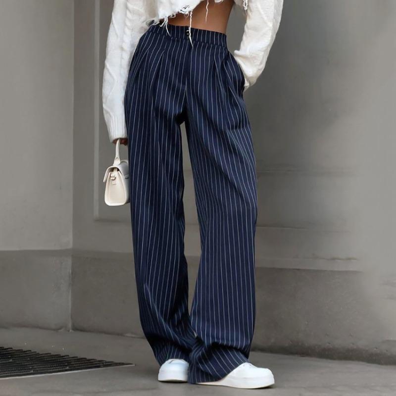 Damen-Hose mit elastischem Bund und weitem Bein und Taschen, lässige lockere Hose, Vintage-Hose mit hoher Taille, schicke gerade Hose, Nadelstreifen-Büro-Kleidungshose S dunkelblau