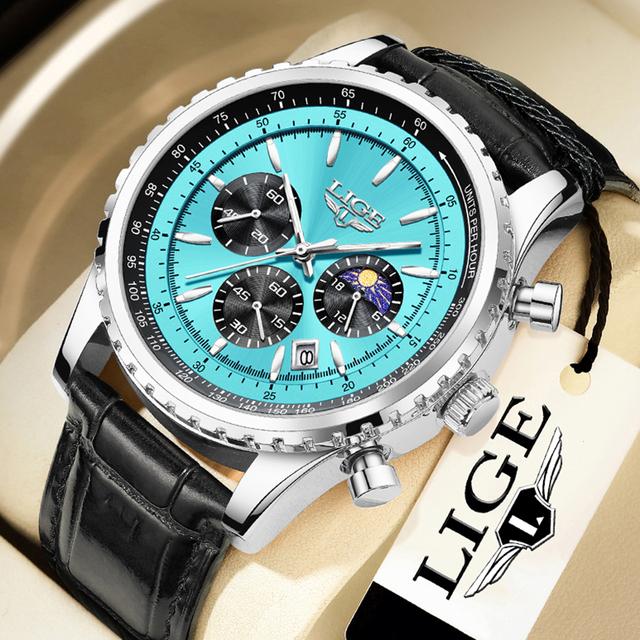 LIGE Neue Herrenuhren Top-marke Luxus Männer Armbanduhr Leder Quarzuhr Sport Wasserdicht Datum Chronograph hellblaue/silber