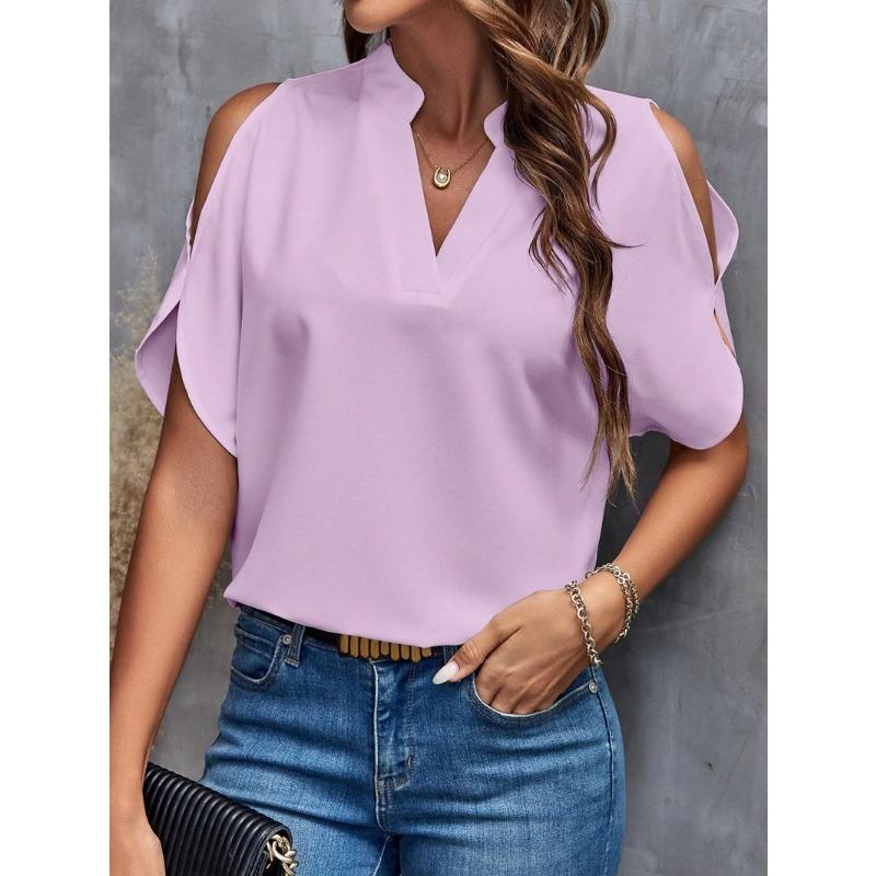 YYFS Damenmode, lässig, Sommer, Frühling, einfarbig, bedruckt, kurzärmelig, V-Ausschnitt, Blusen und Hemden L licht lila