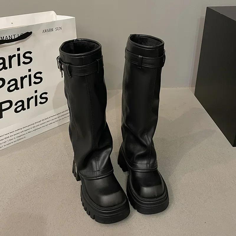 Winter Damen Bikerstiefel Mode Gürtelschnalle Damen Elegante Plateau Lange Rohrstiefeletten Lässige Damen Kniehohe Stiefeletten 40 schwarz