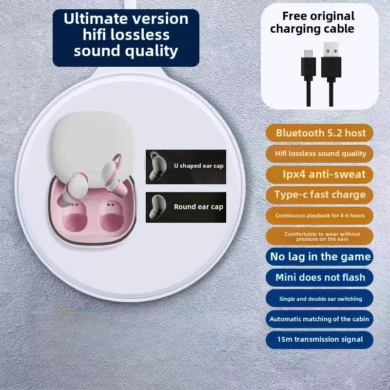 Kopfhörer mit Geräuschunterdrückung zum Schlafen, Bluetooth, ultralange Lebensdauer, kabellose Mini-In-Ear-Kopfhörer rosa