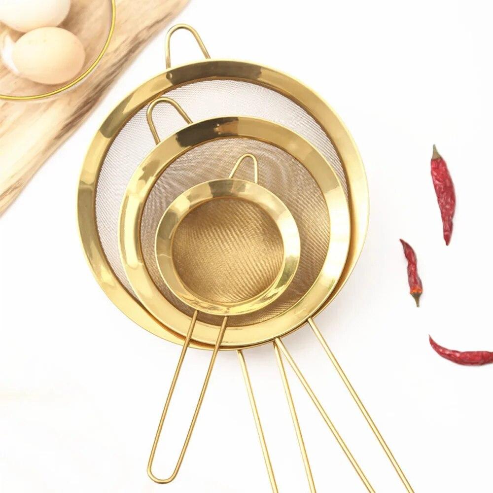 Feinmaschiges Ölsieb aus Edelstahl, goldenes Mehlsieb, Sieb, Siebe, Mehl, Kaffee, Netzfilter, Backwerkzeuge, Küche, Backgeschirr 12cm gold