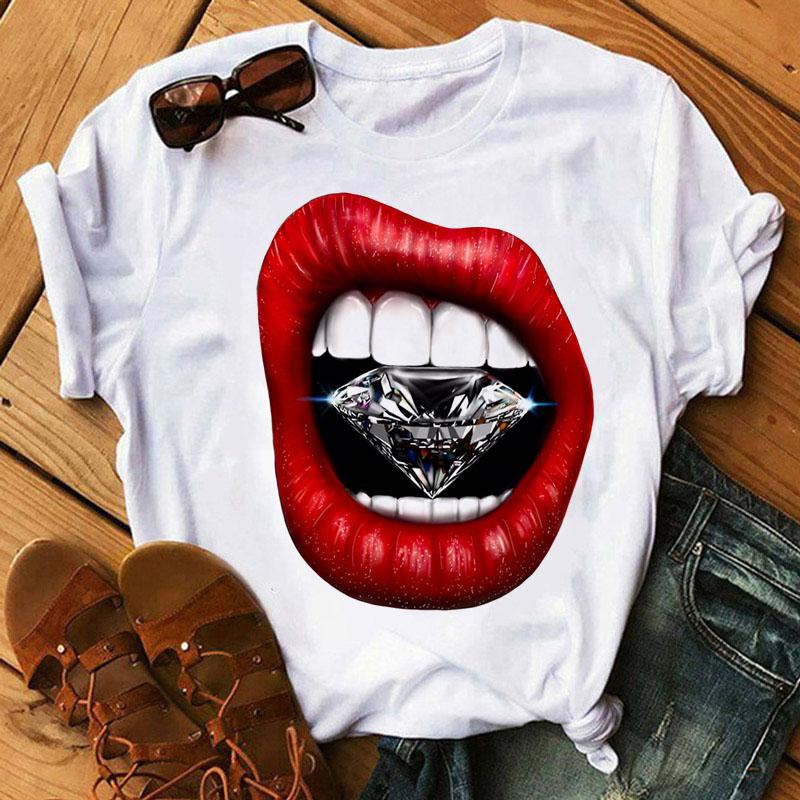 Diamant Im Roten Mund Print T Shirt Frauen T Shirt Kurzarm Tops Weibliche Graphic Tee Shirts Damen Mode T-shirt tops L