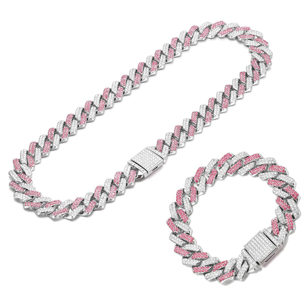 Halskette+Armband Cuban Link Kette Hip Hop Herren Halskette 14mm iced out paris kette 2 Reihen Strassbesetzt Miami Rhombus Cuban 14MM&60cm white