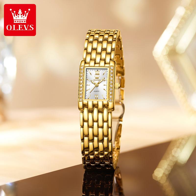 OLEVS Mode Damenuhren Rechteckiges Zifferblatt Goldenes Edelstahlarmband Quarzuhr Luxusuhr mit Diamanten weiß
