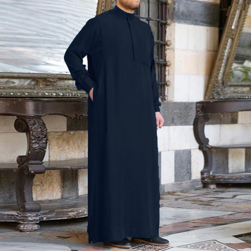 INCERUN Frühling Muslimische Herrenmode Lange Tops Lange Ärmel Thobe Islamische Kleidung Saudi-arabische Kleidung Herren Kaftan Thobe Plus Größe L dunkelblau