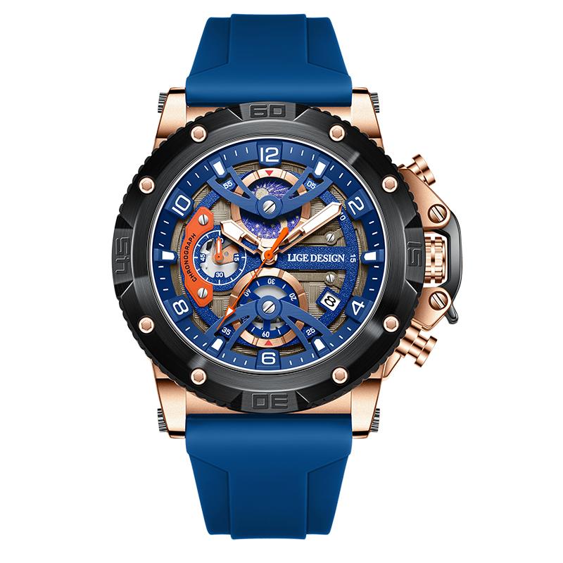 LIGE 2025 Neue Herrenuhr Mode Freizeit Silikon Quarz Uhr Leuchtend Wasserdicht Sport Herren Quarz Uhr blau/rose gold