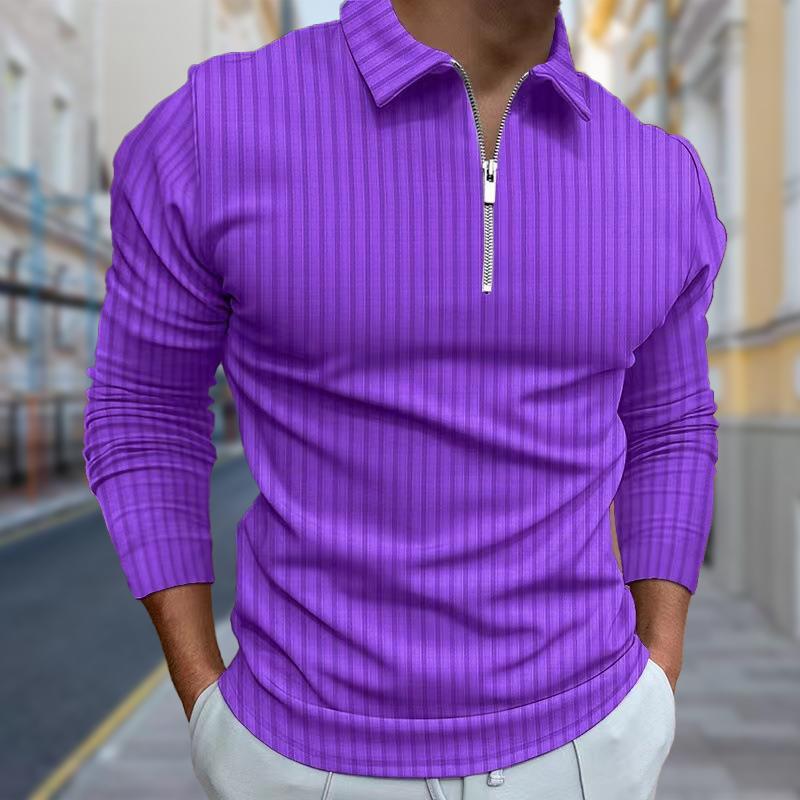 Poloshirts Herren Langarm Feine Linien Print Neues Herren Poloshirt Langarm Reißverschluss T-Shirt Top 3XL violett