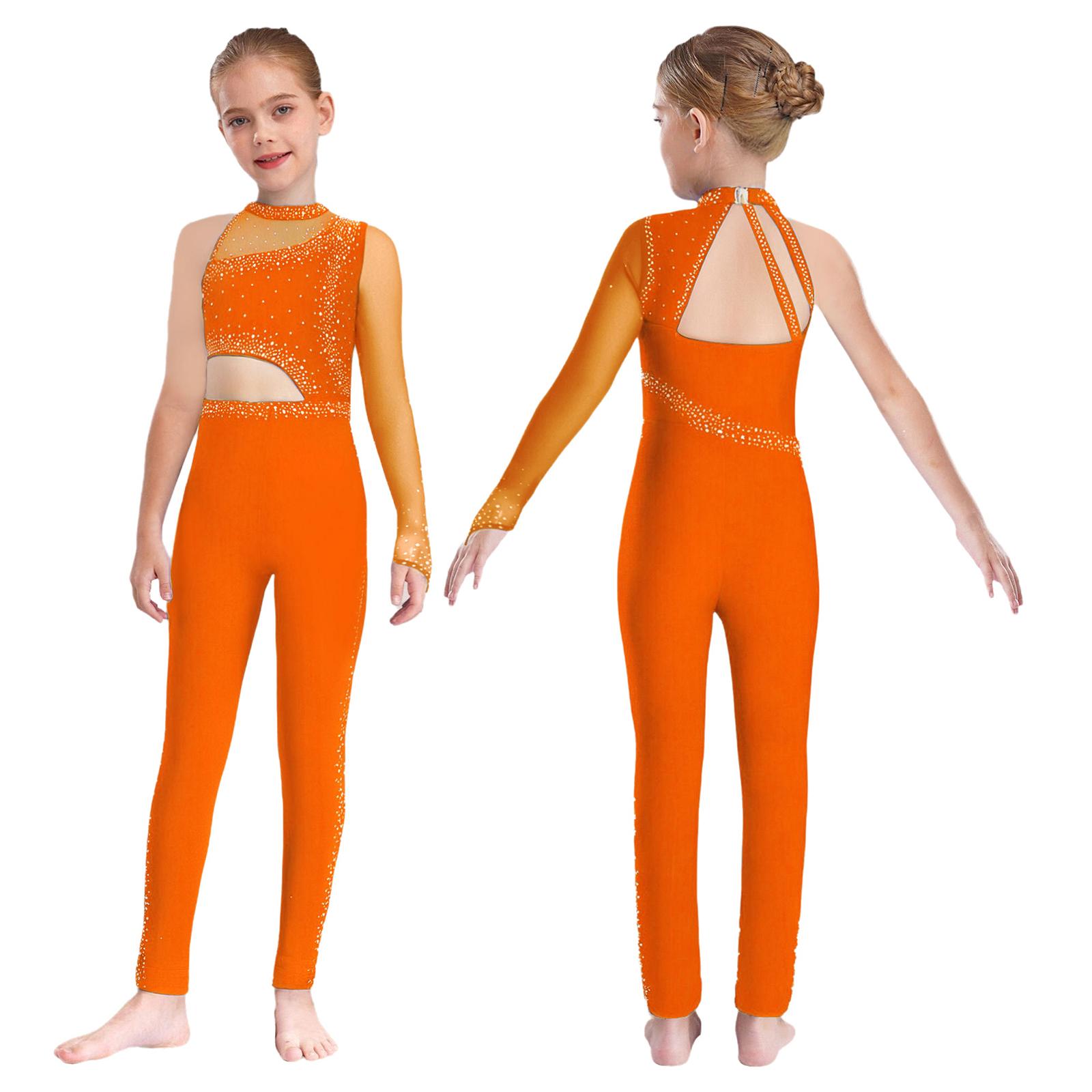 Mädchen Ein-Schulter-Gymnastik-Jumpsuit Durchsichtiges Netz Funkelnde Strasssteine Ganzkörper-Leotard Ballett Eiskunstlauf Unitard Kostüme 5-6 Years orange
