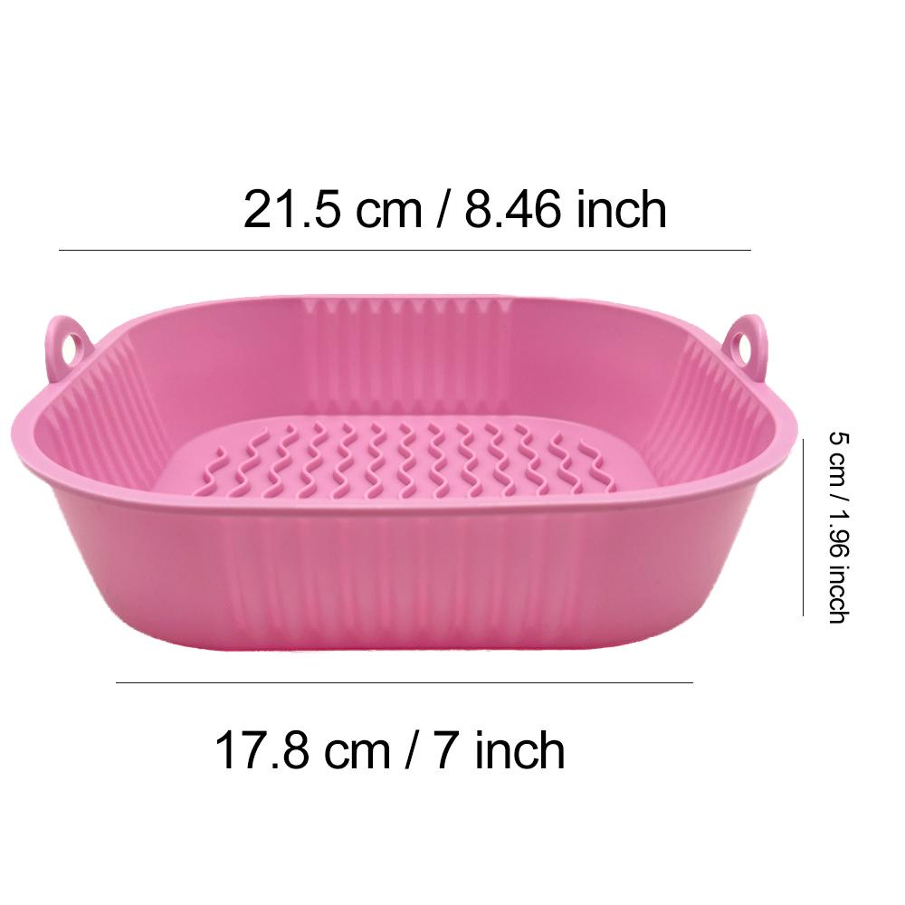 22 cm Silikon Air Fryer Backkorb Liner Tablett Lebensmittelecht wiederverwendbar quadratisch BBQ Grill Pad Platte Airfryer Ofen Backform Topf Pfanne für Küche 21.5CM rosa