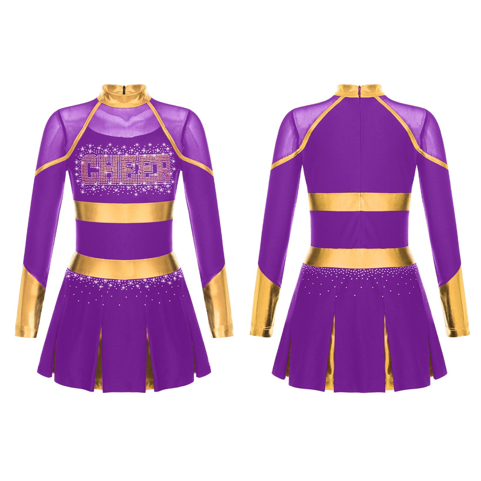 Mädchen Langarm Cheerleading Uniform Tanzkleid Karneval Dancewear Kinder Cheerleading Tanzkleid 5-6 Years violett