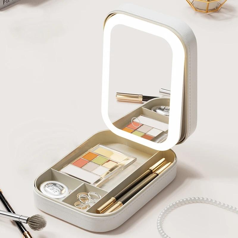Make-up-Aufbewahrungsbox, LED-Spiegel, Kosmetik-Aufbewahrungsbox, modische tragbare Reise-Make-up-Tasche, einfacher Make-up-Koffer mit Spiegel für Frauen