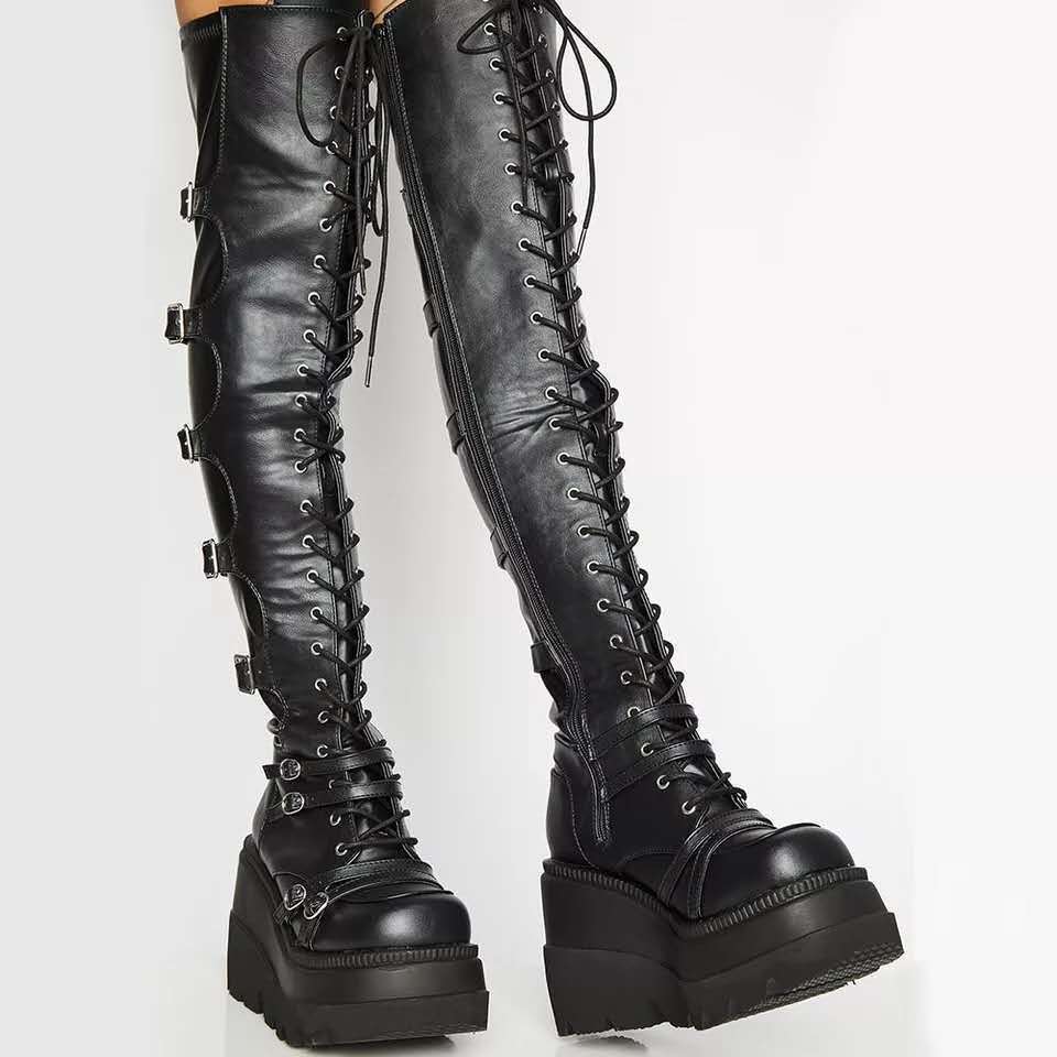Hohe Plattform Oberschenkel Hohe Stiefel Mode Schnalle Punk High Heels Stiefel Frauen Keile Schuhe Overknee Stiefel Größe 42 43 41 schwarz
