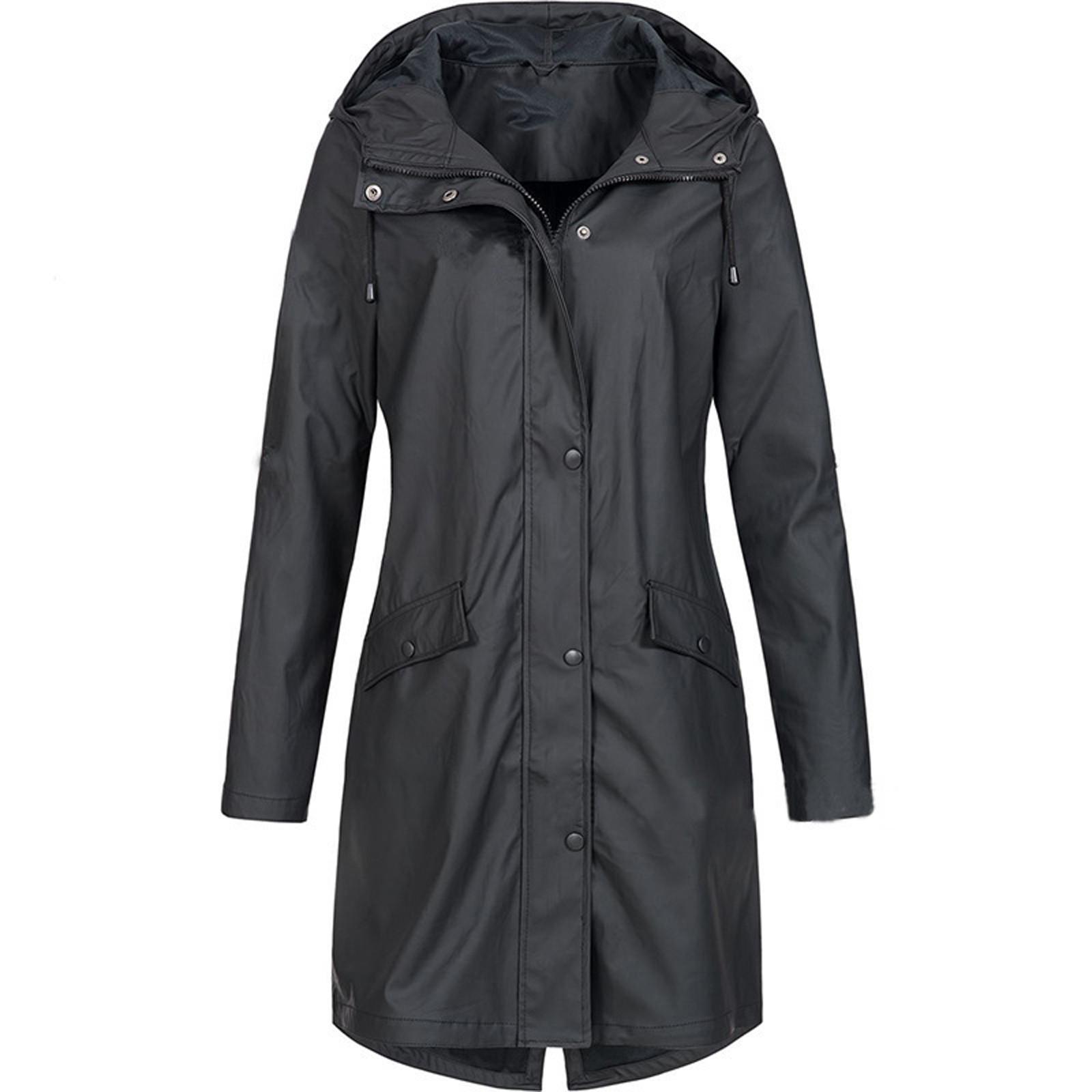Damen Solid Rain Outdoor Plus Size Kapuzen-Regenmantel, winddicht, langer Jackenmantel XXXXL schwarz