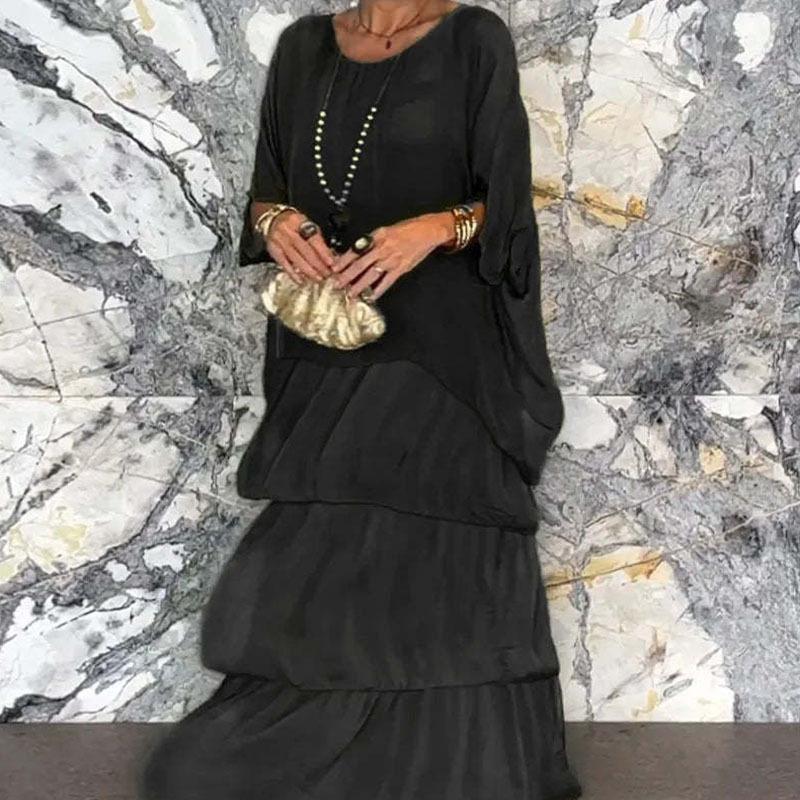 Sommer Damen Kleid Chiffon Mesh Fledermaus Ärmel Rundhals Lange Kleider M schwarz