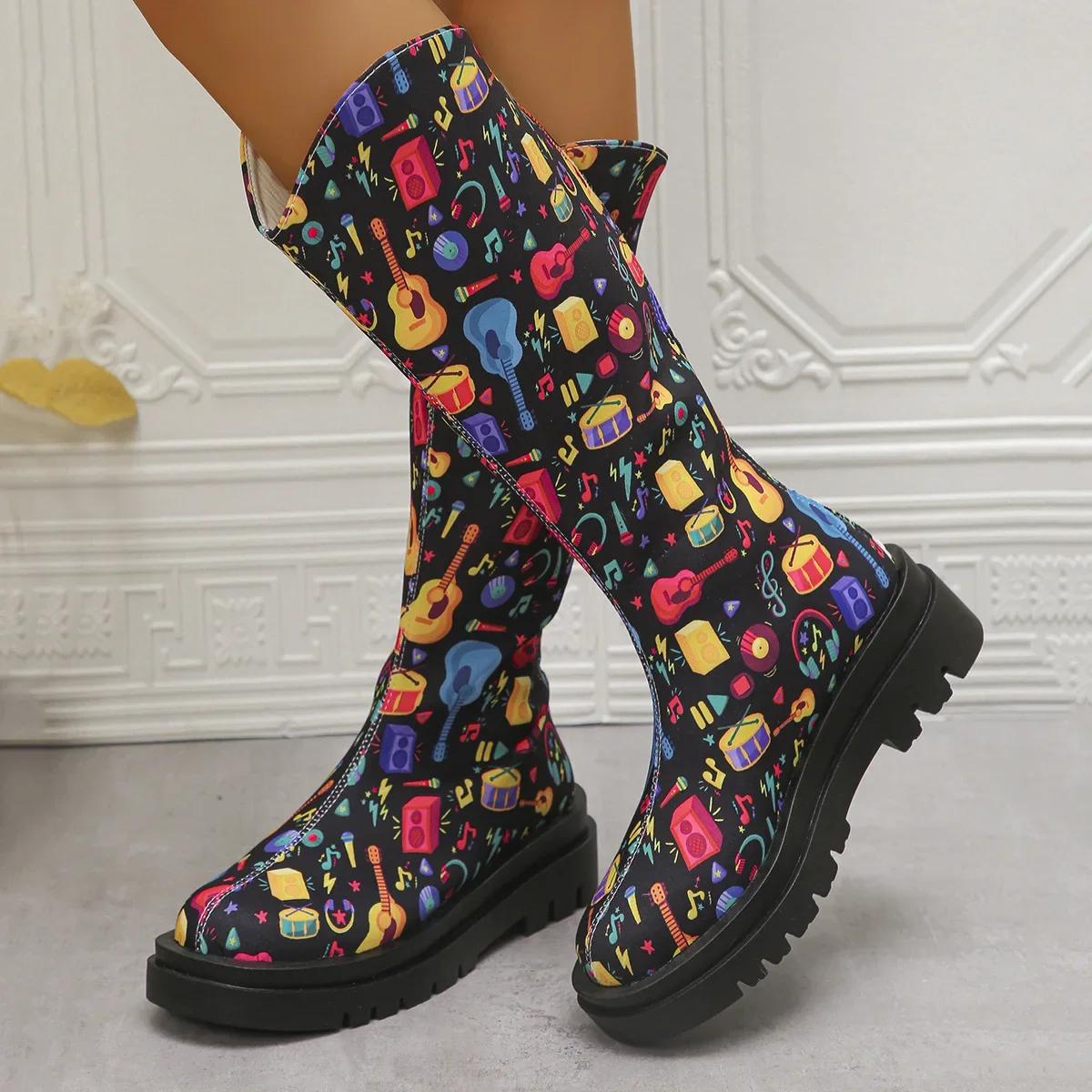 Vintage Blumenmuster Plateau Lange Stiefel Damen Modenschau Stil Slipper Damen Mid-Calf Stiefel Lässig Große Größe 43 Stiefeletten 35 gelb