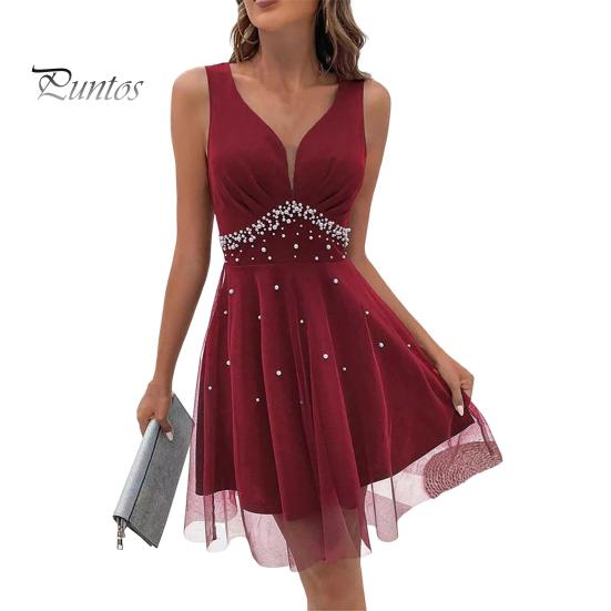 Damen-Abendkleid, V-Ausschnitt, ärmellos, Kunstperlen, A-Linie, doppellagig, Netzstoff, eng, hohe Taille, einfarbig, Ballkleid, Sommer, Party, Abschlussball, Minikleid XL wein rot