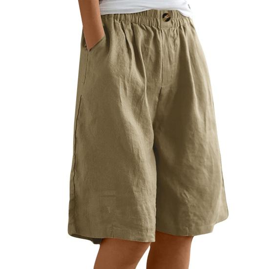 Bermuda-Shorts für Damen Knielang High Waist Baggy Shorts mit Taschen Elastischer Bund Sommer Baumwolle Leinen Strandurlaub Shorts XL khaki
