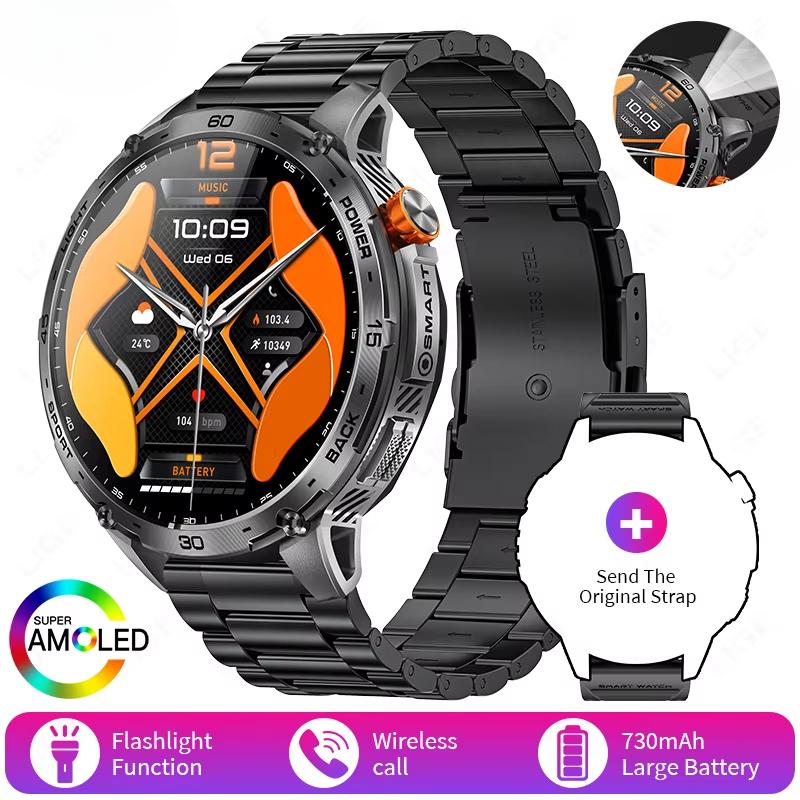 2025 Neue Militär-Smartwatch Herren 730mAh Großer Akku Taschenlampe AMOLED HD-Display 3ATM Wasserdicht Outdoor-Sport Smartwatch Steel schwarz